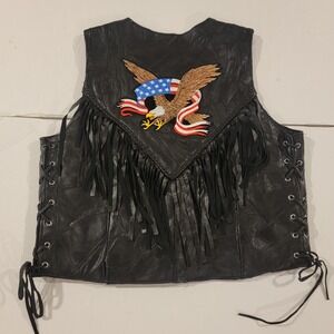 Harley Davidson Navarre Leather Vest Womens Large Fringe Ameican Eagle Back Patc